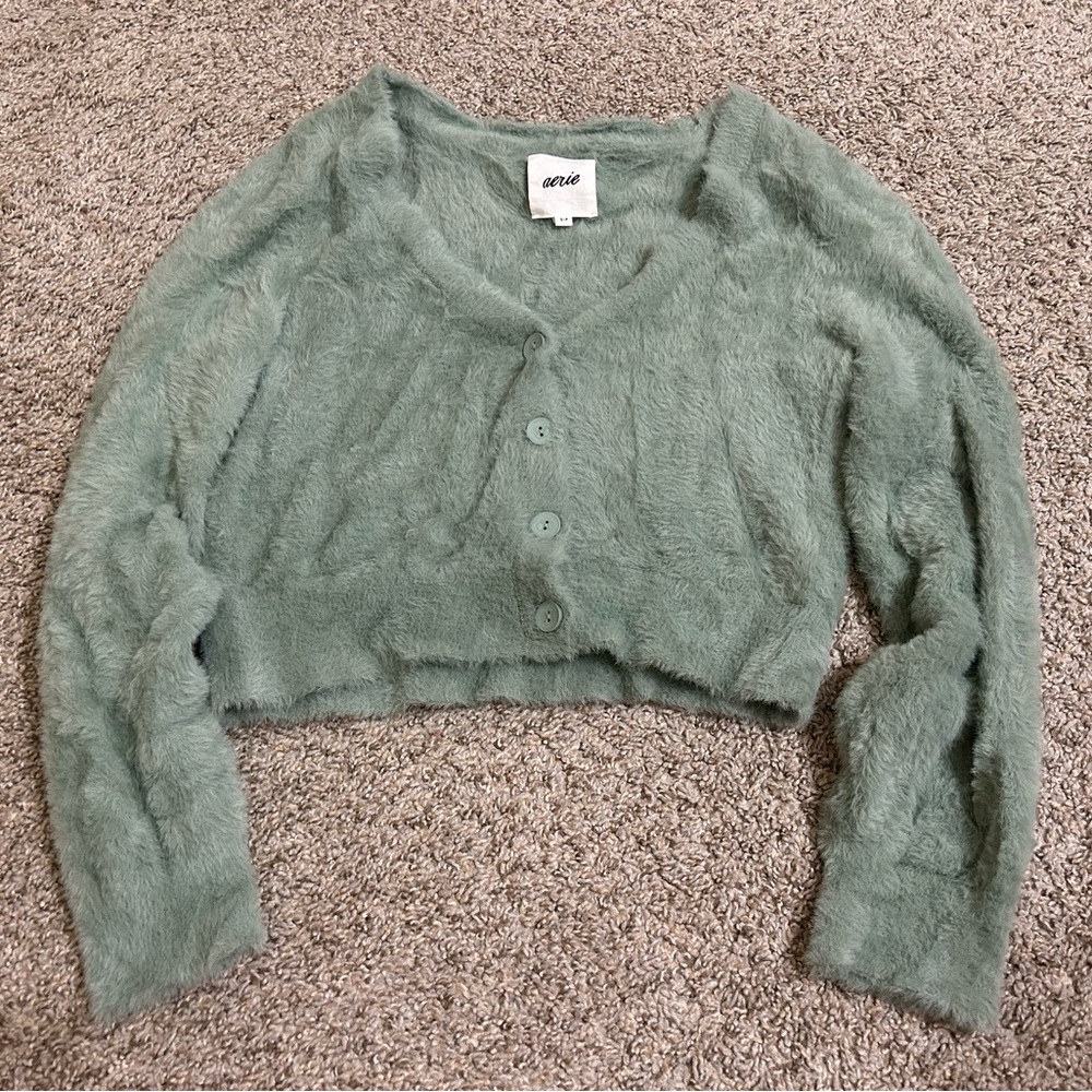 Aerie Fuzzy Cropped Cardigan Sprout Green Button Women's Size Small Minimalist